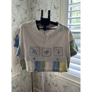Faith Celia Forrester Short Sleeve Patchwork Embroidered Wood Button Vtg Crop